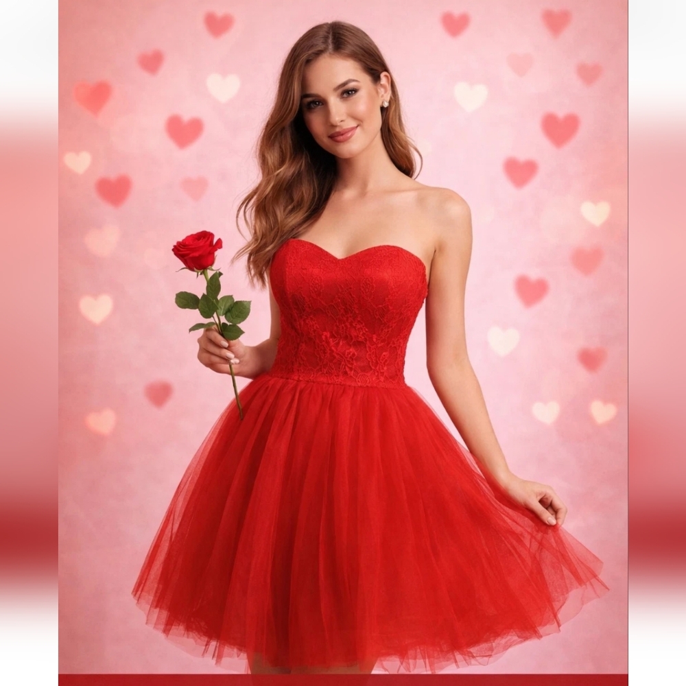 Vtg Red Dress Sz 4 Coquette Strapless Lace Tulle Sweetheart FitFlare 1950 Formal
